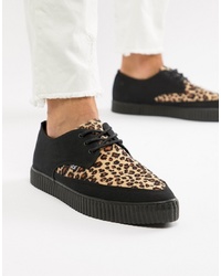 T.U.K. Pointed Faux Leather Creeper Plimsolls With Leopard Print