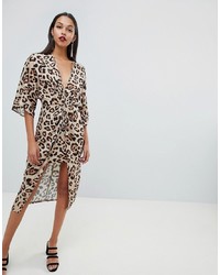 ASOS DESIGN Satin Kimono Midi Dress In Leopard Print