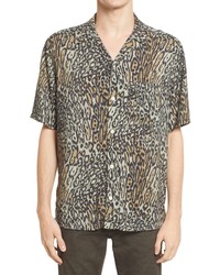 AllSaints Meso Relaxed Fit Animal Print Short Sleeve Button Up Camp Shirt