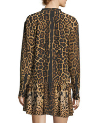 Saint Laurent Leopard Silk Babydoll Dress With Necktie