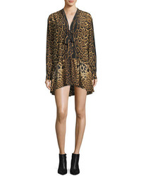 Saint Laurent Leopard Silk Babydoll Dress With Necktie