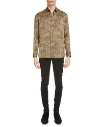 Tan Leopard Silk Long Sleeve Shirt