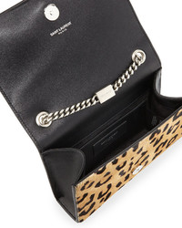 Saint Laurent Monogram Small Leopard Print Calf Hair Crossbody Bag Beigeblack