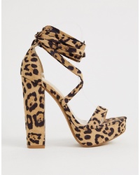 Public Desire Leonie Leopard Ankle Tie Platform Sandals