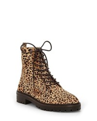 Tan Leopard Suede Lace-up Flat Boots