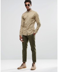 Asos Brand Skinny Shirt In Stone Twill With Long Sleeves
