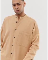 ASOS DESIGN Oversized Textured Grandad Collar Long Line Shirt In Tan