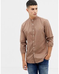 Farah S Slim Fit Grandad Collar Textured Shirt In Brown
