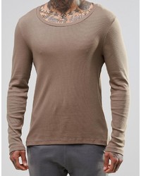 Asos Brand Rib Extreme Muscle Long Sleeve T Shirt With Scoop Neck In Tan
