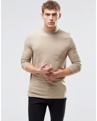 Asos Brand Muscle Long Sleeve T Shirt With Turtleneck In Biege