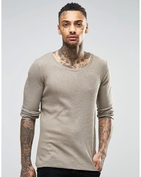 Asos Brand Rib Extreme Muscle Long Sleeve T Shirt In Beige