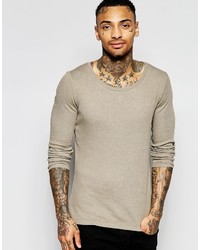 Asos Brand Rib Extreme Muscle Long Sleeve T Shirt With Scoop Neck In Beige