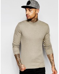Asos Brand Rib Extreme Muscle Long Sleeve T Shirt With Turtleneck In Brown