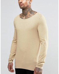 Asos Extreme Muscle Long Sleeve T Shirt With Boat Neck In Tan