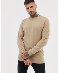 ASOS DESIGN Long Sleeve T Shirt With Ma1 Zip Sleeve Pocket In Beige