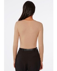 Missguided Long Sleeve Wrap Over Plunge Bodysuit Nude