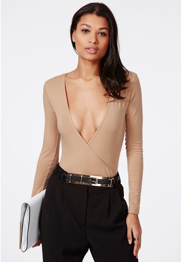 Missguided Long Sleeve Wrap Over Plunge Bodysuit Nude, $30