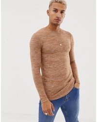 ASOS DESIGN Muscle Fit Longline Long Sleeve T Shirt With Curved Hem In Brushed Fabric In Tan