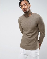Asos Muscle Long Sleeve Waffle T Shirt With Curved Hem