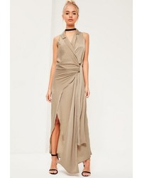 Missguided Nude Silky Sleevless Tie Detail Maxi Dress