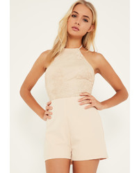 Missguided Nude Lace Mesh Top Halterneck Playsuit