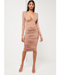 Missguided Nude Ruched Plunge Neck Midi Dress