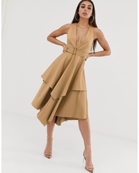 ASOS DESIGN Plunge Front Structured Midi Dress With Layered Skirt And Belt