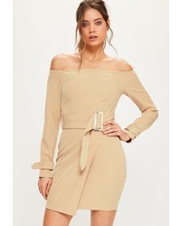Missguided Tall Nude Bardot Belted Buckle Detail Mini Dress
