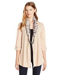Notations Cozy Cardigan 3fer With Knit Inset Tank Top And Printed Scarf