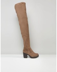 Glamorous Thigh High Taupe Chunky Heeled Over The Knee Boots