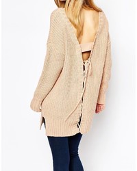 Lost Ink Rib Sweater With Lace Up Back