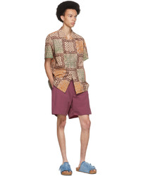 Beams Plus Brown Block Print Open Collar Short Sleeve Shirt