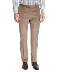Isaia Corduroy Flat Front Trousers Tan