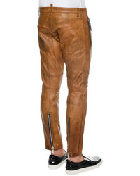 DSQUARED2 Studded Pocket Slim Fit Leather Pants Camel