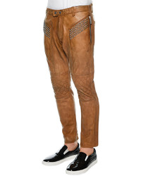 DSQUARED2 Studded Pocket Slim Fit Leather Pants Camel