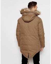 Asos Brand Parka Jacket With Faux Shearling Hood In Beige