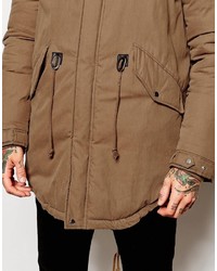 Asos Brand Parka Jacket With Faux Shearling Hood In Beige