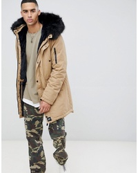 Sixth June Parka Coat In Stone With Black Faux Fur Hood