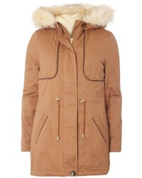 Tan Faux Fur Leather Trim Parka Coat