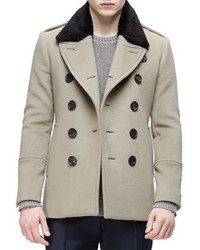 Burberry London Double Breasted Pea Coat With Removable Fur Collar Taupe
