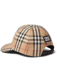 Burberry Leather Trimmed Checked Cotton Blend Canvas Baseball Cap