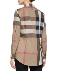 Burberry Long Sleeve Button Front Check Shirt Taupe