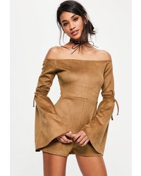 Missguided Brown Faux Suede Bardot Flare Tie Sleeve Romper