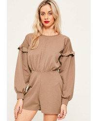 Missguided Tan Balloon Frill Sleeve Playsuit