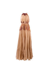 Tan Pleated Evening Dress