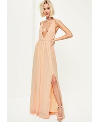 Missguided Nude Plunge Pleated Maxi Dress