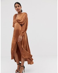Tan Pleated Midi Dress