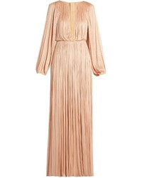 Tan Pleated Silk Evening Dress