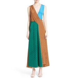 Diane von Furstenberg Colorblock Polka Dot Silk Maxi Dress