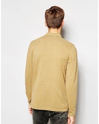 Asos Brand Long Sleeve Pique Polo With Embroidery In Tan